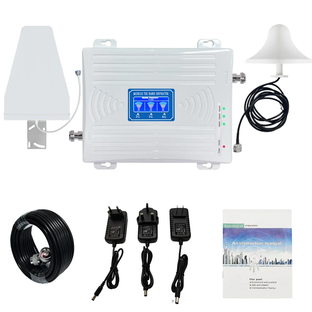 For 900/1800/2100MHz GSM 2G 3G 4G Tri-Band Mobile Phone Signal Booster with 500sqm Indoor/Outdoor Coverage 65-70dB Gain