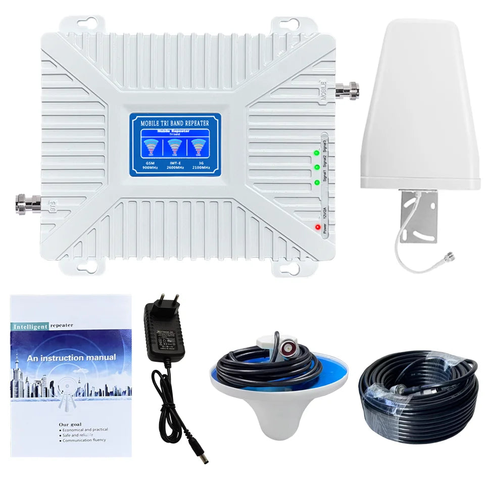For 900/2100/2600MHz GSM 2G 3G 4G Tri-Band Mobile Phone Signal Booster with 70dB Gain and 500sqm Indoor/Outdoor Coverage