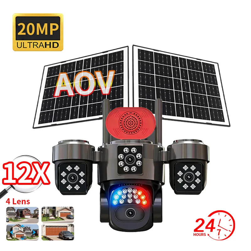 Arronna 4G LTE 20MP AOV 4 Lens Solar PTZ Camera H.265+ Full Color IR IP67 Outdoor