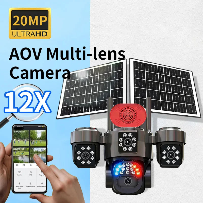 Arronna 4G LTE 20MP AOV 4 Lens Solar PTZ Camera H.265+ Full Color IR IP67 Outdoor