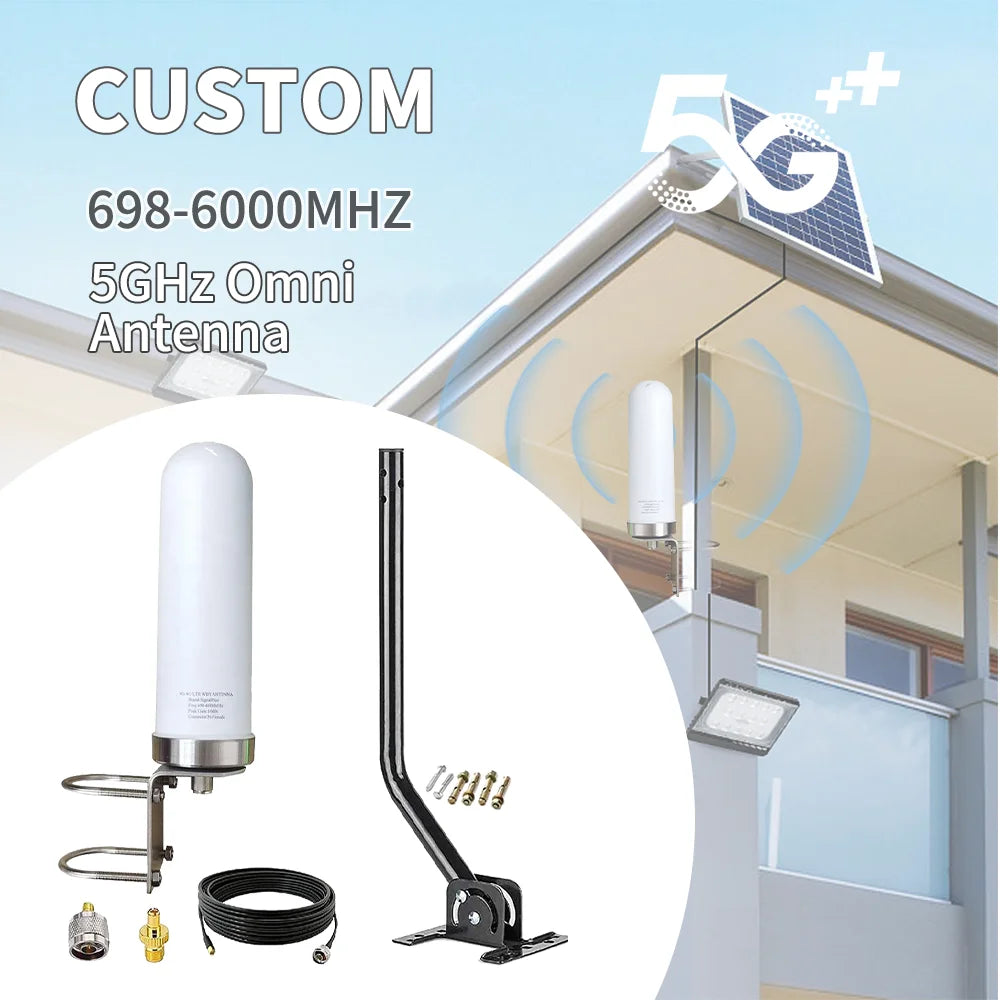 Omni Vertical Fiberglass Base Station Antenna Wide Band 698-6000MHz 10dBi Gain 100W Input Power WiFi WiMAX 4G/5G LTE/GSM Outdoor